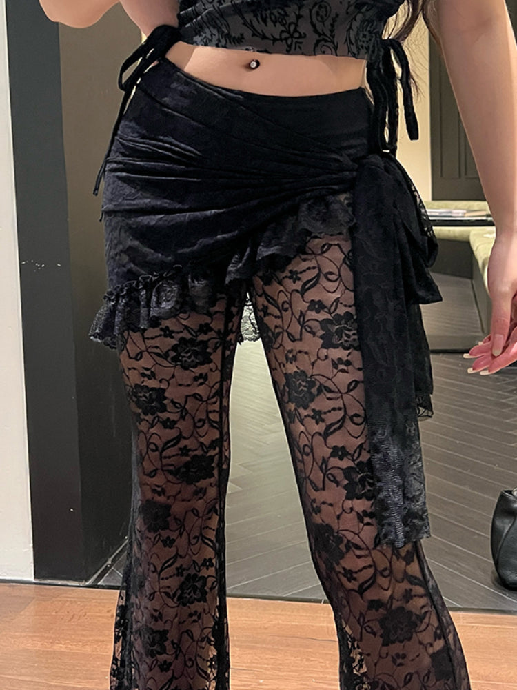 JazzHer Gothic Dark Lace Pants Women Vintage Y2k Streetwear Emo Sexy See Through Velevt Patchwork High Waist Flare Pants Female