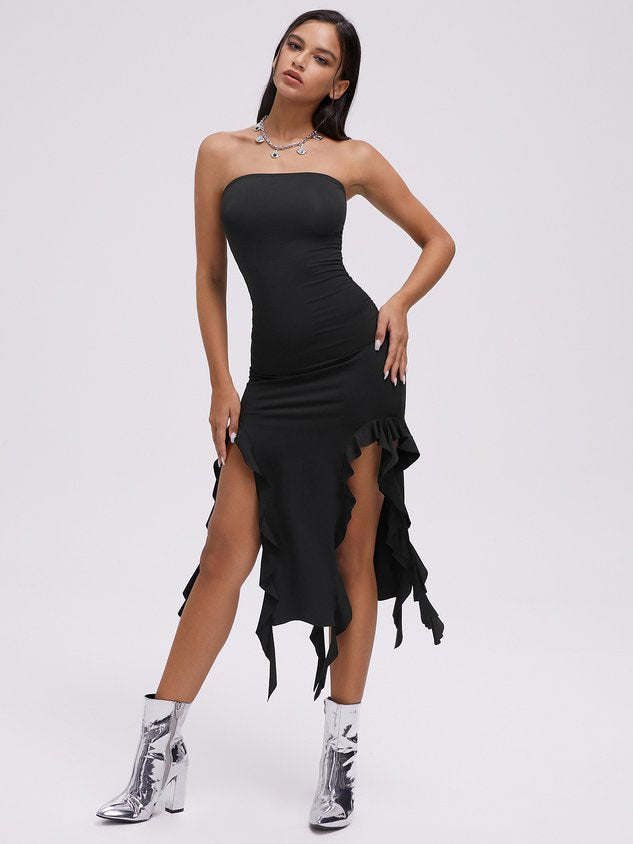 JazzHer 2024 New Y2k Balletcore Black Ruffles Tube Dress Midi Dress