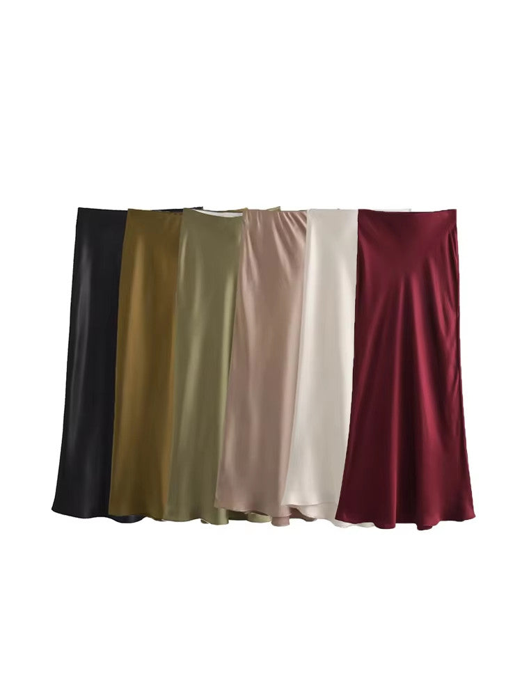 JazzHer Ladies Satin Skirt Women High Waist Long Skirts For Women Spring Summer Black Midi Skirt Office Lady Elegant Women's Skirts