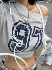 JazzHer Y2k Hoodies for Women Letter Print Off Shoulder Crop Tops 2025 Ropa Mujer Long Sleeve Fashion Sweatshirts Sexy Casual Hoodie