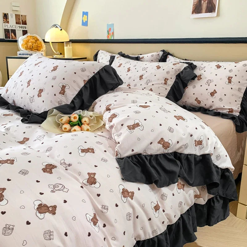 JazzHer New Washed Cotton Edge Three - Four Piece Quilt Set Printed Small Clear Cover Double Bedding Set 180x220 200x230