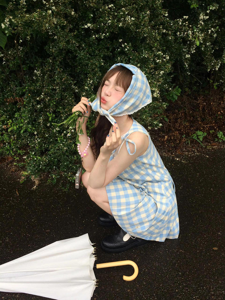 JazzHer 2000s Vintage Blue Plaid Fake Two Piece Dress Women Casual Retro Y2k Mini Dress Summer 2025 Japanese Fashion Sweet Cute Dress