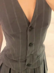 JazzHer Stripe V Neck Women  Mini Vest Dresses Vintage Single Breasted Sleeveless Patchwork Lady Dress 2025 Chic Pleated Female Vestidos