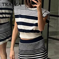 cold weather outfits JazzHer 2024 Spring Summer Casual Knitted Striped Women Suit Fashion Vintage O Neck Sleeveless Short Tops+Chic Short Pencil Skirt