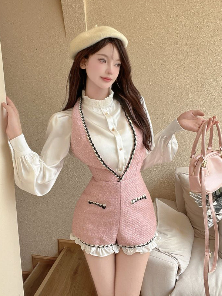 JazzHer 2025 Autumn French Sweet Hot Girl Commuting Suit Women Halter Strap Shorts Ruffled Long Sleeve Shirt Elegant Slim 2 Piece Set