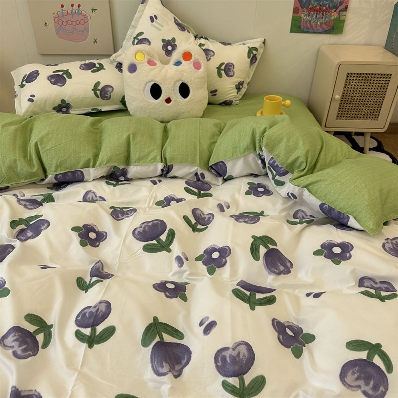 JazzHer Korean Style Duvet Cover Set No Filler Fashion Floral Ins Twin Double Queen Size Boys Girls Flat Sheet Pillowcases Bedding Linen