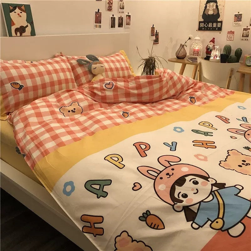 JazzHer Ins Pink Cute Duck Cartoon Fruit Printed Bedding Set Soft Queen King Size Flat Bed Sheet Quilt Cover Pillowcase Kawaii