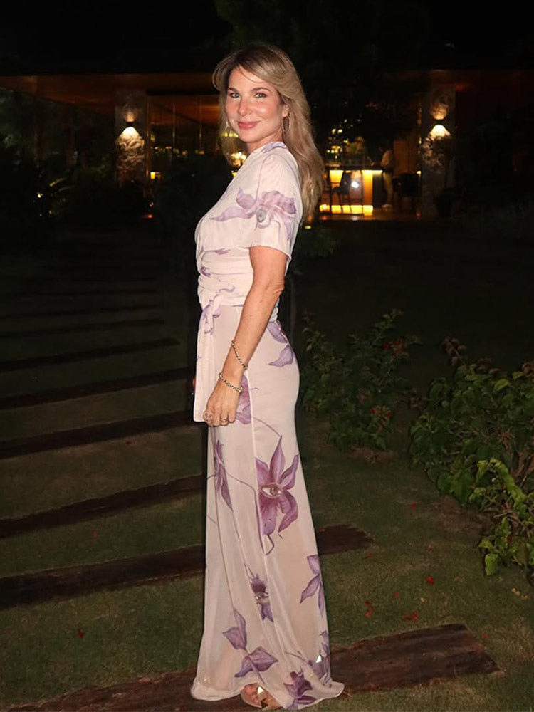 JazzHer Elegant Skew Collar Off-the-shoulder Printed Long Dress Chic Lace Up Slim Fit Vestidos New Female Summer Vacation Party Gown