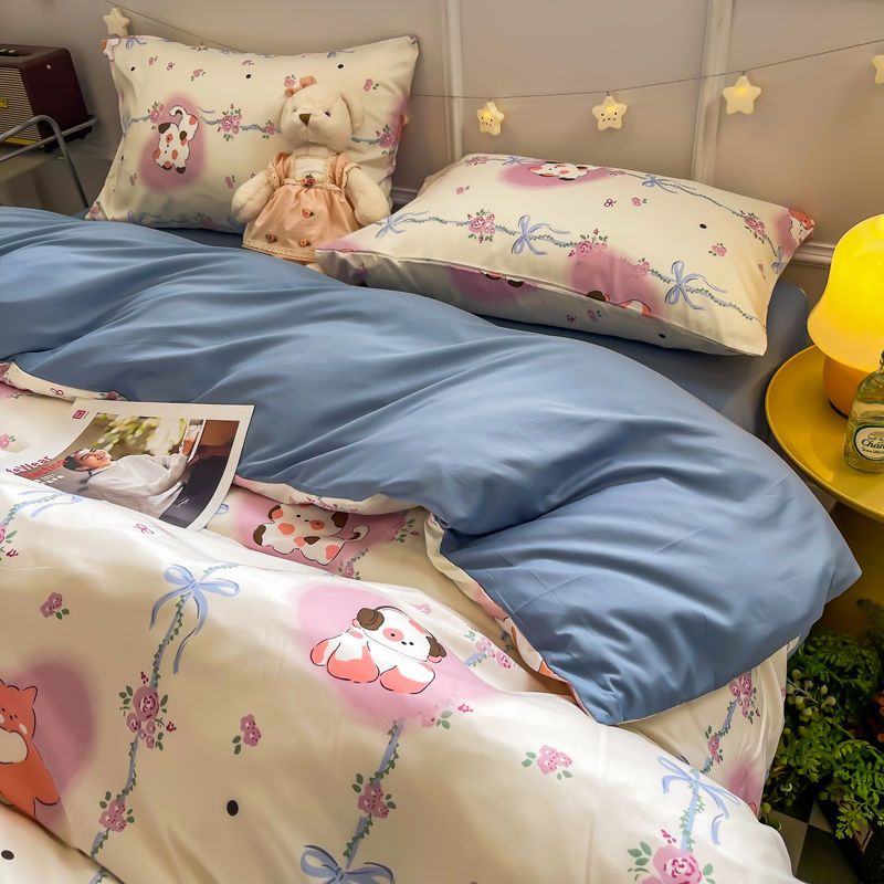 JazzHer Cute Bedding Set Kawaii Cartoon Boys Girls Ins Duvet Cover with Zipper No Filler Flat Sheet Pillowcase Queen Size Bed Linens