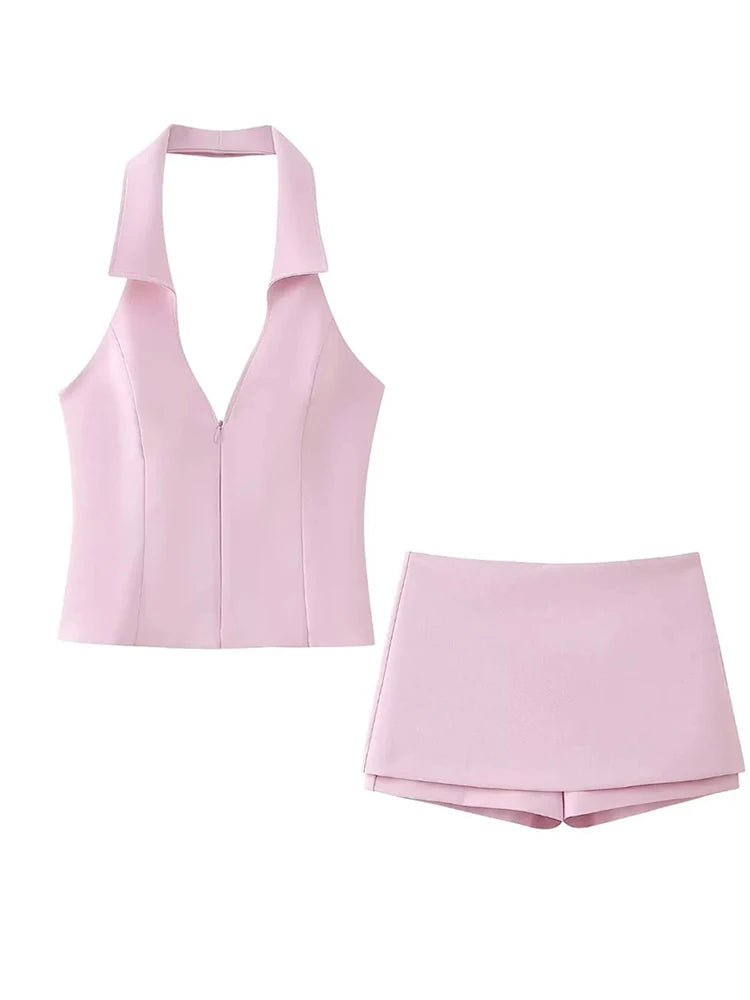 JazzHer Fashion pink shorts set for women sexy V neck sleeveless tops female slim hip package skirt 2024 Spring Summer new ladies suit