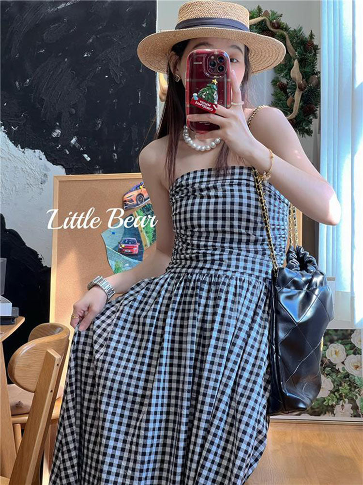 JazzHer Vintage Plaid Dress Women Korean Elegant Tube Top Folds Midi Dress Summer Holiday Beach Y2K All Match Female Vestidos