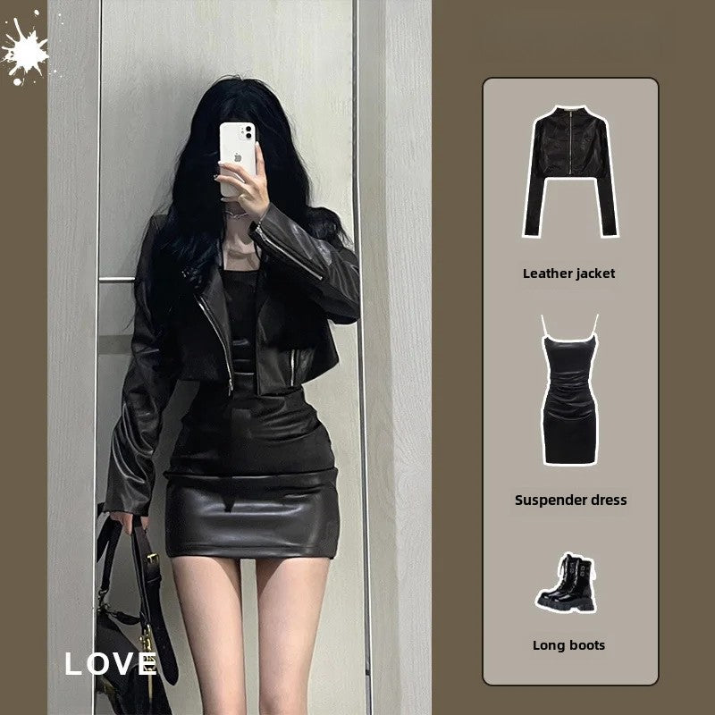 cold weather outfits JazzHer 2024 Autumn New Women's Cropped Leather Jacket Tank Dress Slimming Bodycon Skirt Trendy Fashionable Female Dress Set