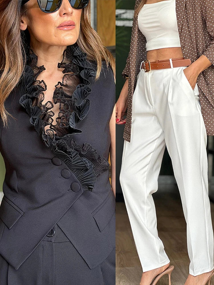 thanksgiving outfit JazzHer Ruffles Lace Vest Pants Women Set Solid Sexy V-neck Button Sleeveeless Vests Wide Leg Trousers 2024 Summer Chic Street Lady Suit