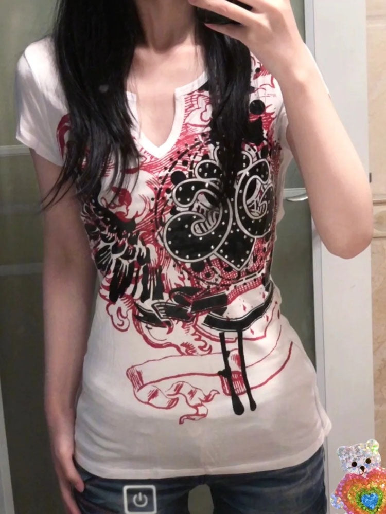 JazzHer Y2K Punk Graphic T Shirts Women Japanese Harajuku Vintage 2000S Aesthetic Grunge Tees Gothic Short Sleeve Streetwear Tops