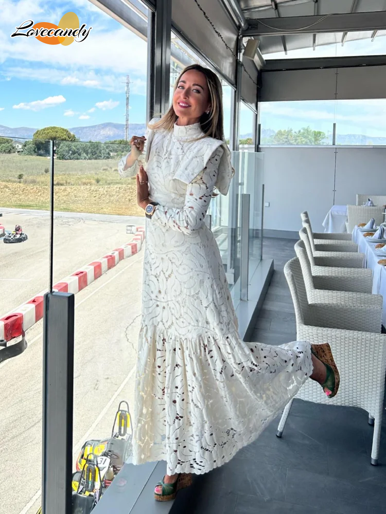 JazzHer Elegant Hollowed Lace Maxi White Dress Women Fashion Mock Neck Long Sleeved Shoulder Padded Robes 2025 Evening Women's Clothing