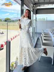 JazzHer Elegant Hollowed Lace Maxi White Dress Women Fashion Mock Neck Long Sleeved Shoulder Padded Robes 2025 Evening Women's Clothing