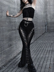 JazzHer Streetwear Gothic Pants Women Harajuku Cyber Punk Eyelet Lace-up Hollow Out High Waist Flare Pants Y2k Grunge Trousers
