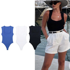 JazzHer black body woman sleeveless white bodysuit women square neck summer one piece swimsuits sexy lingerie women's bodysuit