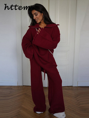 JazzHer Vintage Burgundy Sweater Pant Set Women Loose Lapel Zipper Pullover Lace Up Wide Leg Trouser 2024 Autumn Lady Casual Knit Outfit