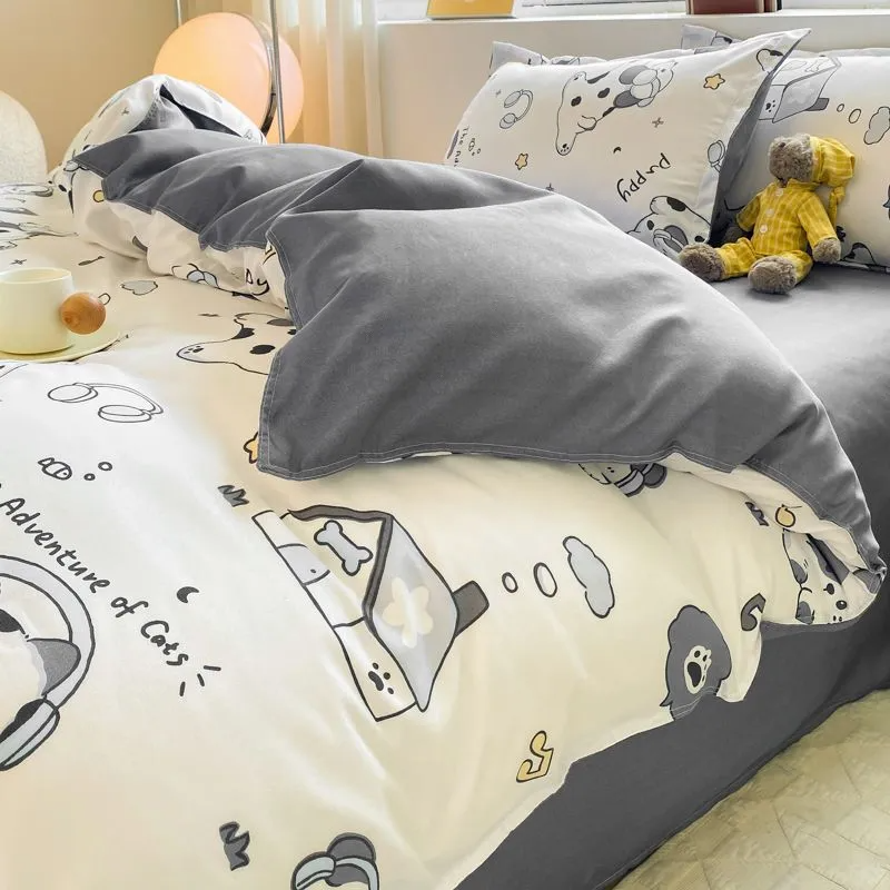 JazzHer Cute Bedding Set Kawaii Cartoon Boys Girls Ins Duvet Cover with Zipper No Filler Flat Sheet Pillowcase Queen Size Bed Linens