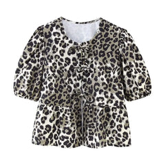 JazzHer Leopard Shirt Summer Crop Top Puff Sleeve Blouse With Lace-up Closing New Women's Clothing