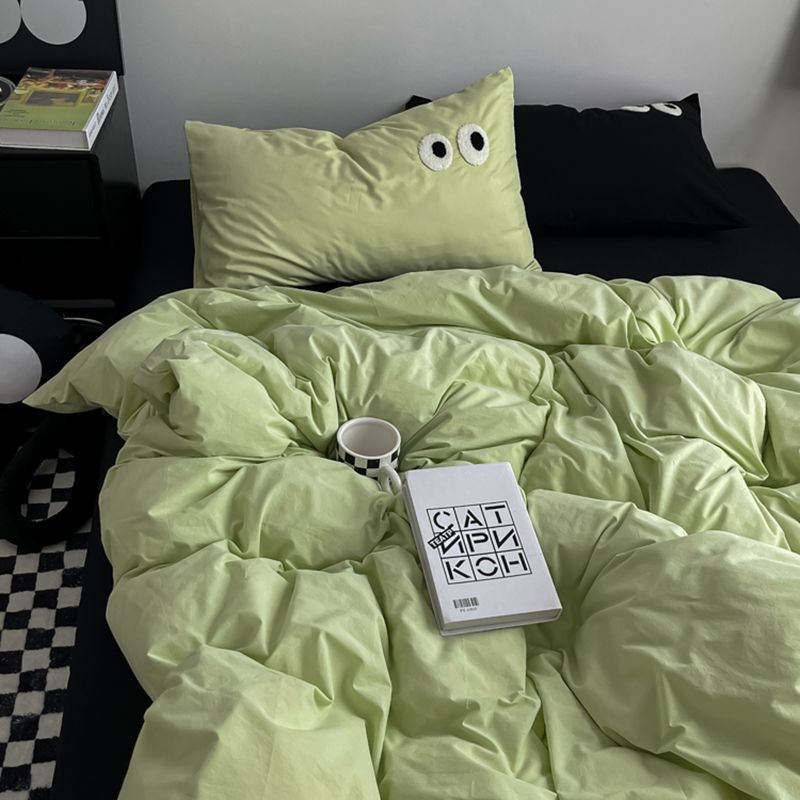 JazzHer Ins Style Nordic Bedding Set No Filling Duvet Cover Pillowcase with Cute Eye Embroidered Solid Color Single Queen Size Bed Linen