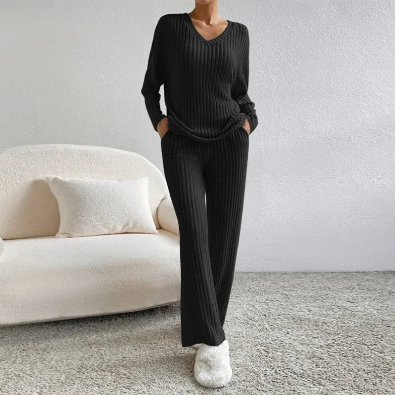 thanksgiving outfit JazzHer Casual Knitted Ribbed Pants Sets Women Solid Loose V Neck Long Sleeve Pullover Long Trousers 2024 Autumn New in Matching Outfits