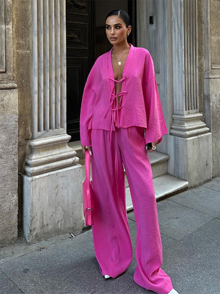 JazzHer Solid Shirt Pants Sets Women Casual  V Neck Lace Up Long Sleeve Female Tops Suits High Waist Wide Leg Pant 2025 New Lady Outfits