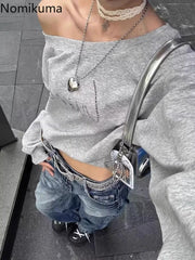 JazzHer Streetwear Hoodies 2025 Women Clothing Letter Slash Neck Y2k Hoodie Fashion Korean Tops Off Shoulder Sexy Sweatshirts Ropa Mujer