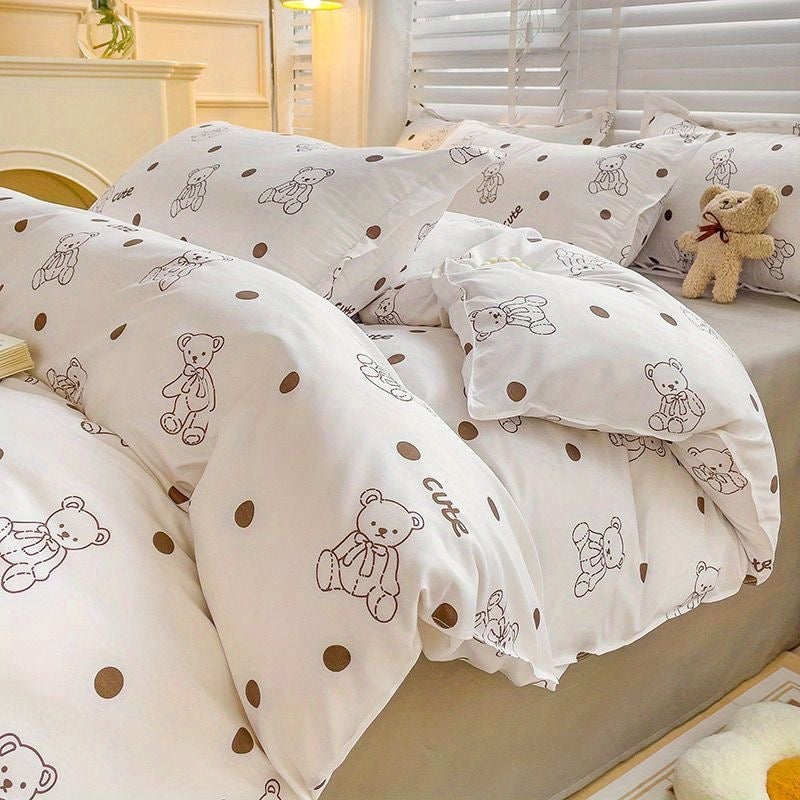 JazzHer Ins Cartoon Rabbit Duvet Cover Set Soft Blue Flat Sheet Quilt Cover Pillowcase Bed Linen Twin Queen Full Size Floral Bedding Set