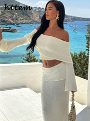 JazzHer Sexy Knit Off Shoulder Top Skirt Set Women Pleated Slash Neck Full Sleeve Tops Elastic Long Skirts 2024 Summer Lady Beach Outfit