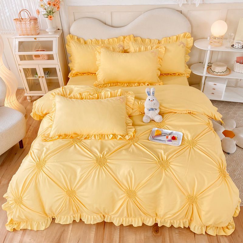 JazzHer Korean version bed skirt four piece set, princess style bedding set, autumn and winter thickened matte four piece set