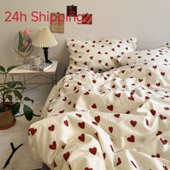 JazzHer Korean Style Bedding Set Kid Adult Twin Full Queen Size Bed Flat Sheet Love Heart Duvet Cover Set Pillowcase Bed Linen No Filler