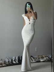 JazzHer Sexy Knitted Long Dress Women V-neck Slim Sleeveless Hollow Out Strap Female Party Dresses 2024 Summer White Holiday Beach Robe