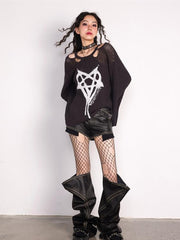 JazzHer Harajuku Streetwear Knitted Sweater Women Cyber Punk Y2k Pentagram Printed Long Sleeve Hollow Out Loose Casual Pullover