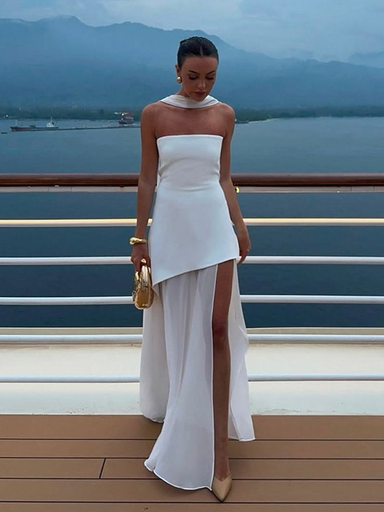 JazzHer Elegant White Gauze Off Shoulder Long Dress Women Fashion Sleeveless Backless A-line Vestidos 2025 New Lady Vocation Beach Robes