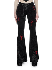 JazzHer Mall Gothic Velvet Flare Pants Women Streetwear Harajuku Cross Embroidery High Waist Pants Aesthetic Y2k Punk Trousers