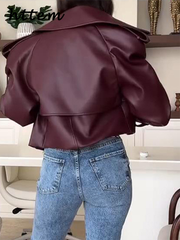 JazzHer Fashion Women's Burgundy Crop Leather Jacket Vintage Lapel Pockets Long Sleeve Coat 2024 Autumn Winter Lady Street Loose Outwear