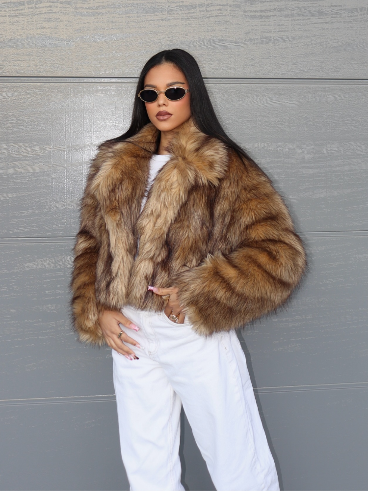 JazzHer 2025 Chic Faux Fox Fur Warm Cropped Coat For Women Winter Thicken Lapel Long Sleeve Fluffy Jacket Female Fashion Thermal Outwear