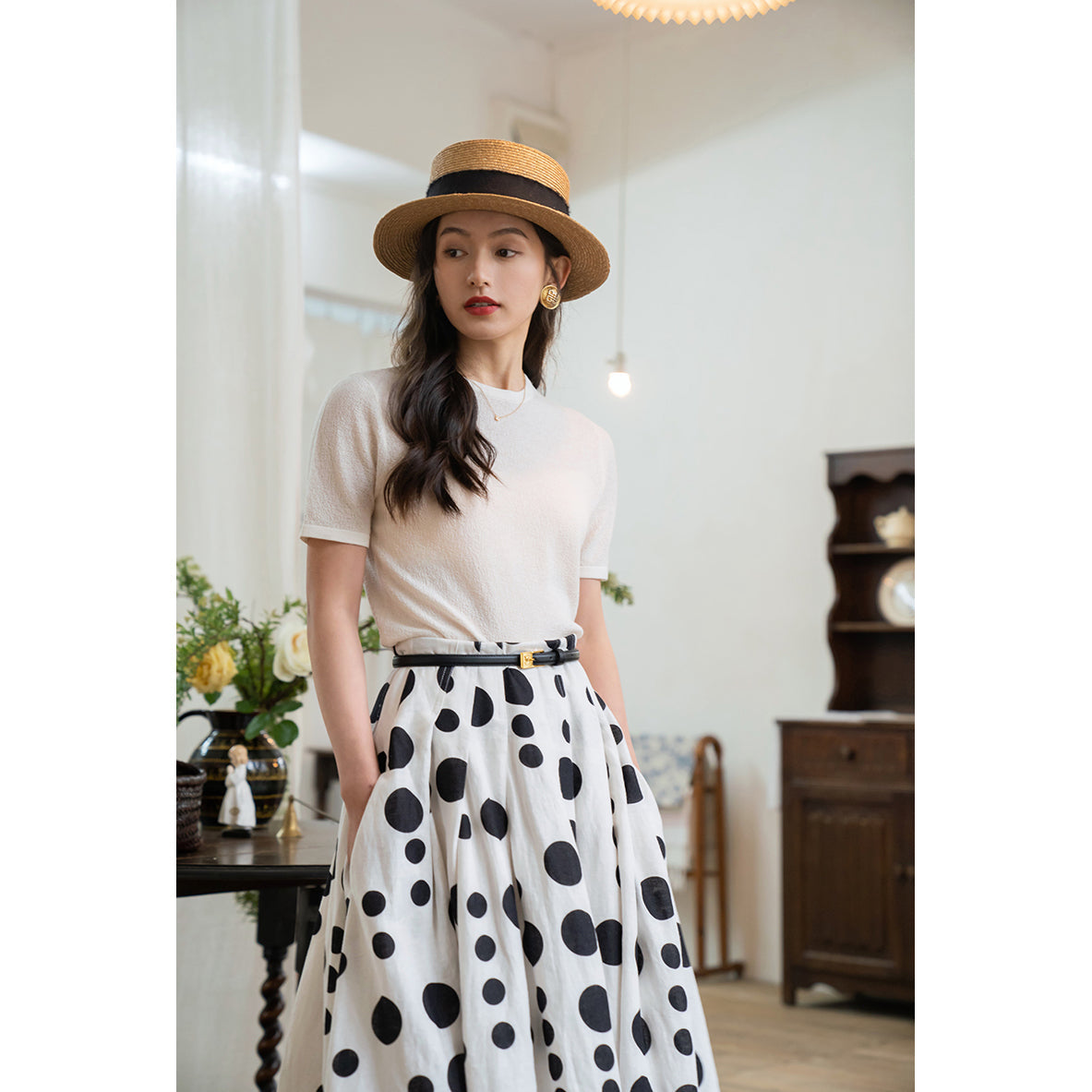 Jazzher Black And White Polka Dot Long Skirt