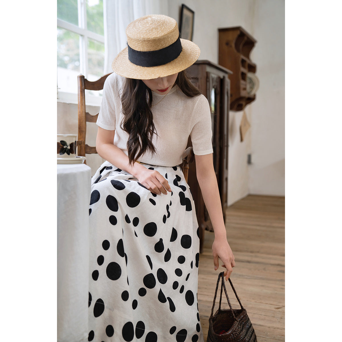 Jazzher Black And White Polka Dot Long Skirt