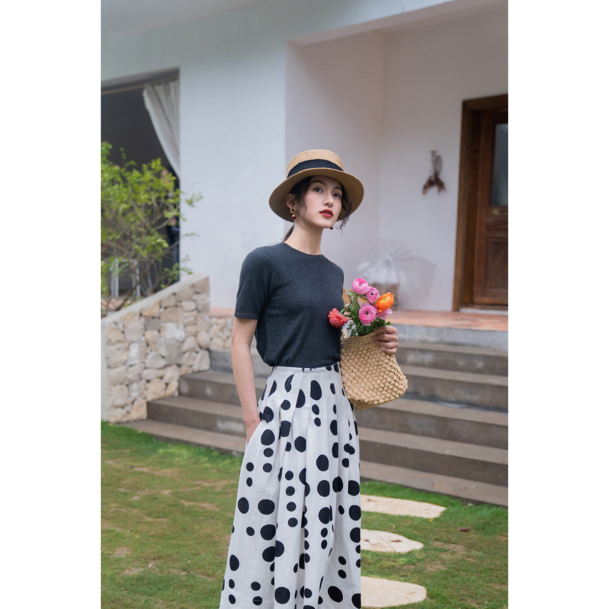 Jazzher Black And White Polka Dot Long Skirt