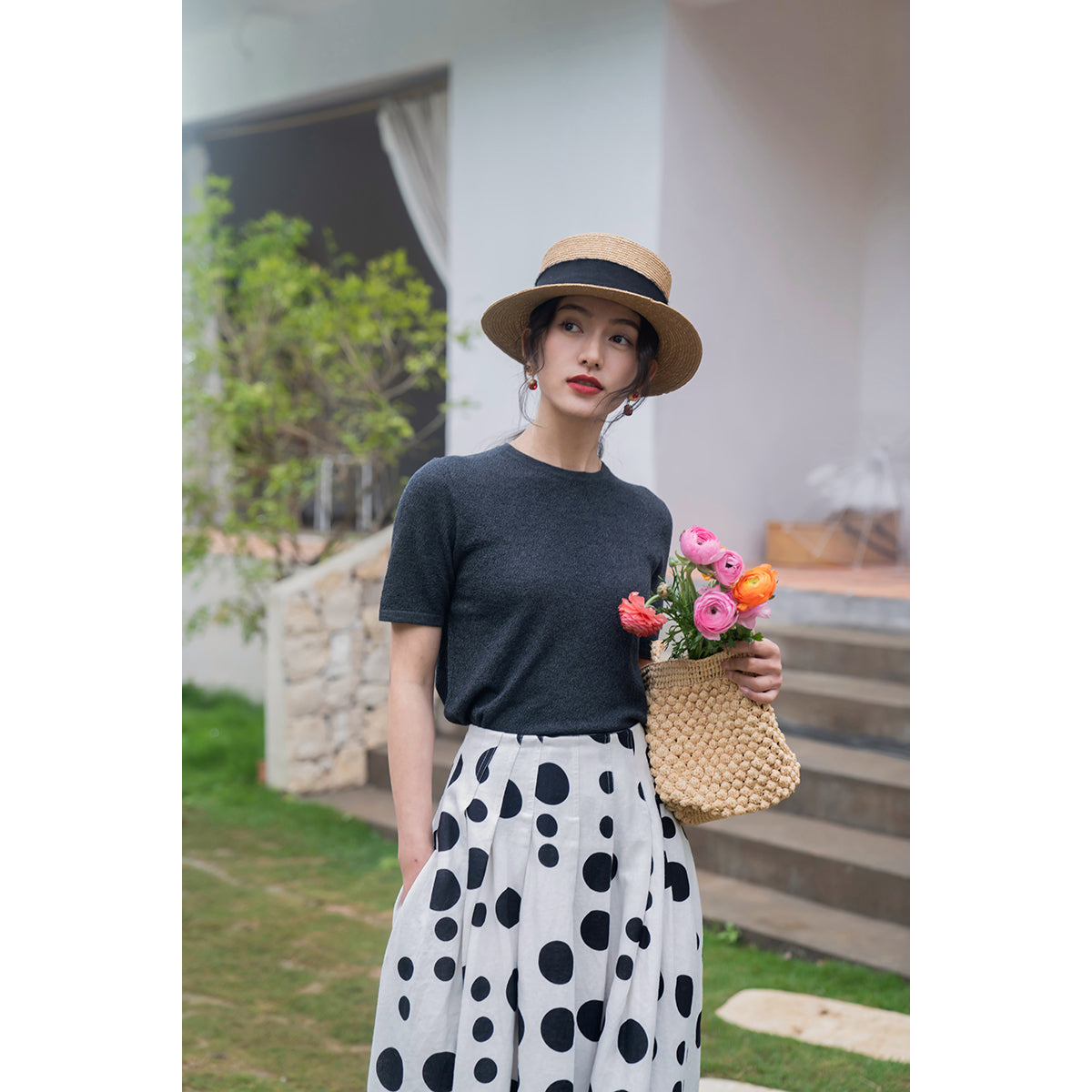 Jazzher Black And White Polka Dot Long Skirt