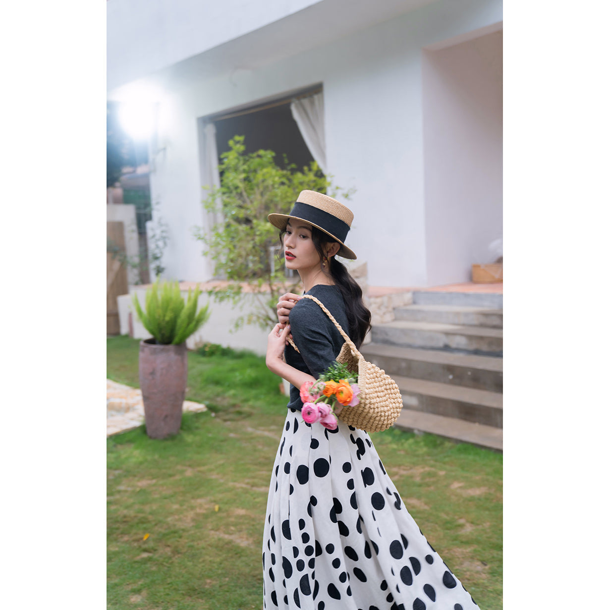 Jazzher Black And White Polka Dot Long Skirt