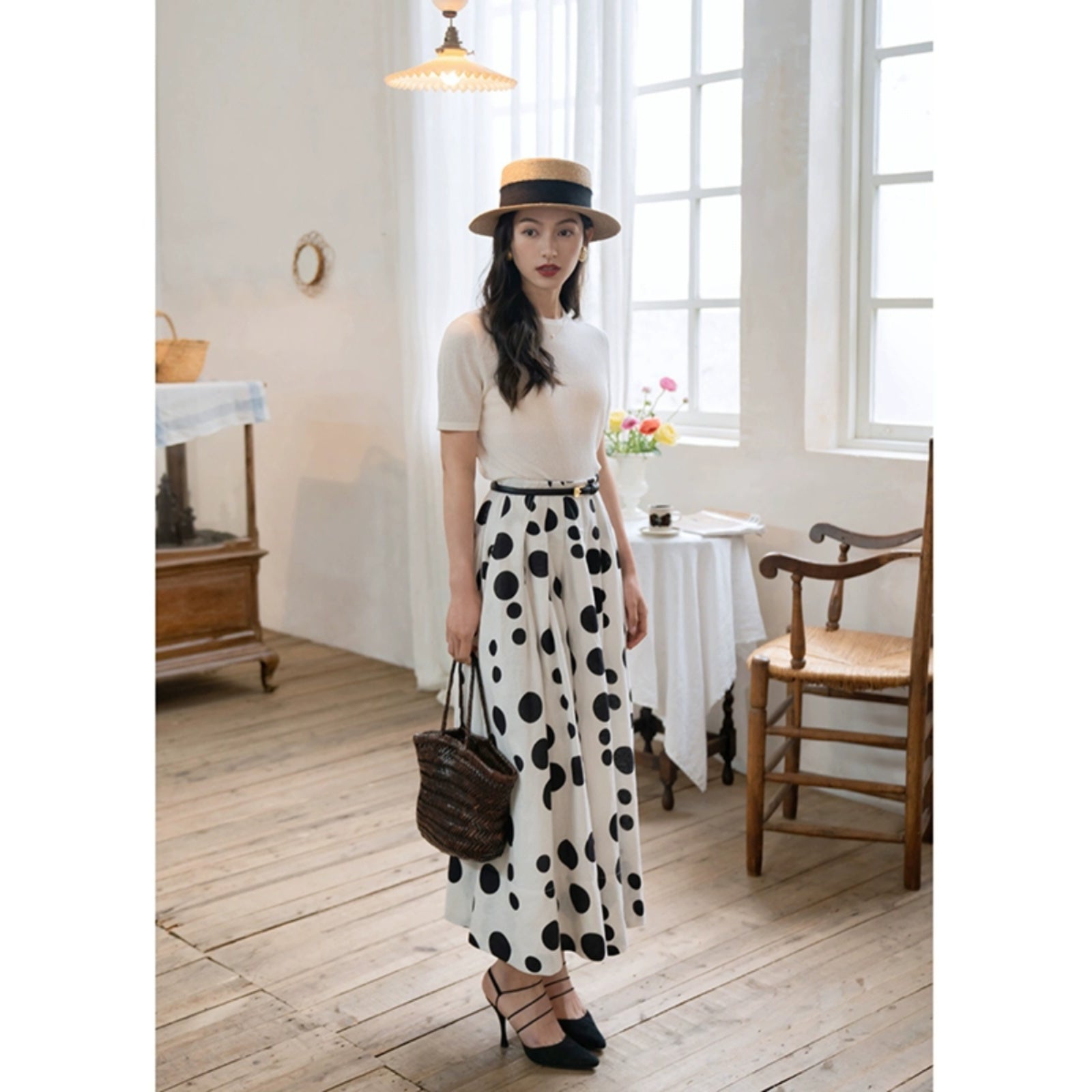 Jazzher Black And White Polka Dot Long Skirt