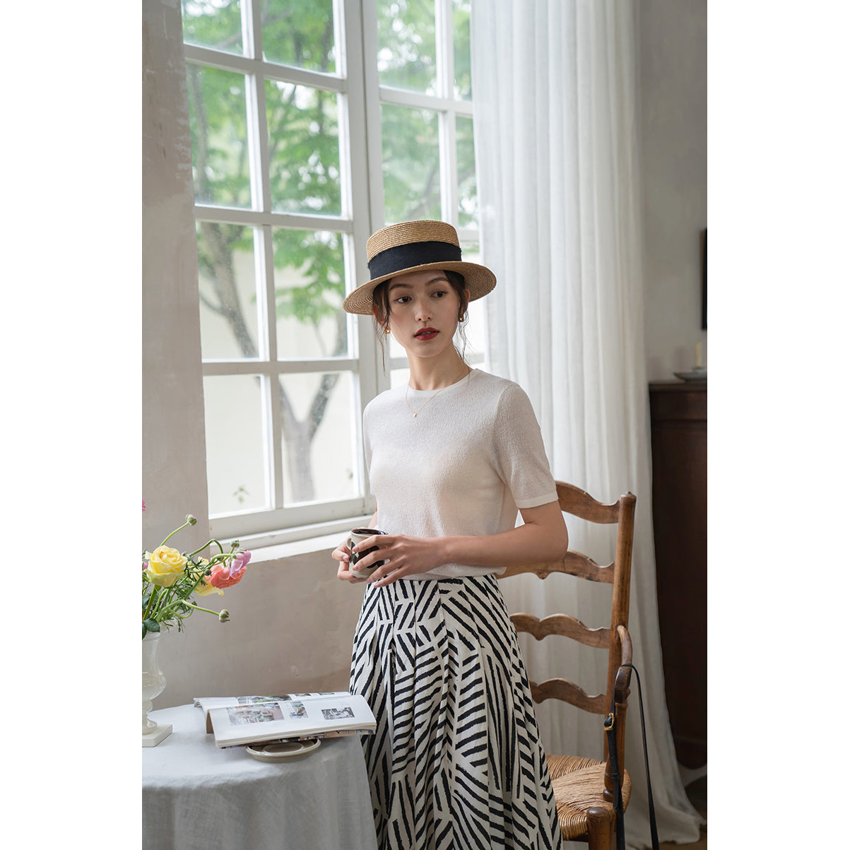 Jazzher Black And White Geometric Pattern Large Swing Skirt