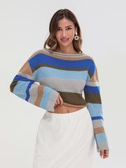 thanksgiving outfit JazzHer Women Knit Sweater Long Sleeve Crew Neck Striped Pullover Crop Top Loose Streetwear