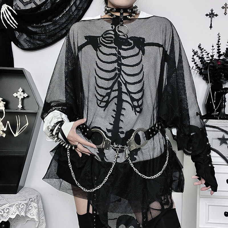 JazzHer Skulls Streetwear Punk Loose Mesh Tops Gothic Girl Emo T shirts Casual Hip Hop Dark Grunge Vintage Clothes 90S Aesthetic Y2k Tee