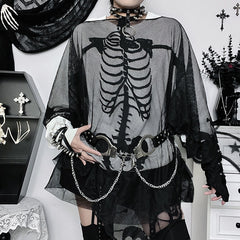 JazzHer Skulls Streetwear Punk Loose Mesh Tops Gothic Girl Emo T shirts Casual Hip Hop Dark Grunge Vintage Clothes 90S Aesthetic Y2k Tee