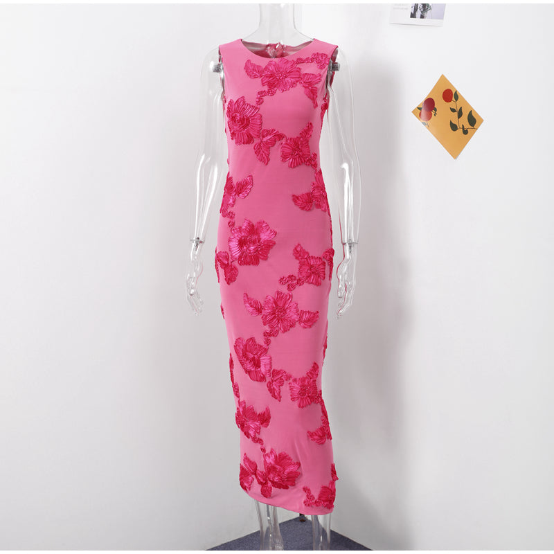 JazzHer Elegant 3d Flower Party Long Dress Women Slim O-neck Sleeveless Backless Hip Package Split Dresses 2024 Summer Mesh Evening Robe